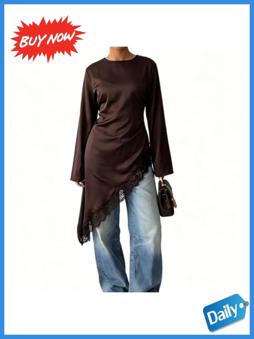 Lace Trim Satin Tunic Top Long Sleeve Asymmetrical Hem Blouse Back Tie Waist